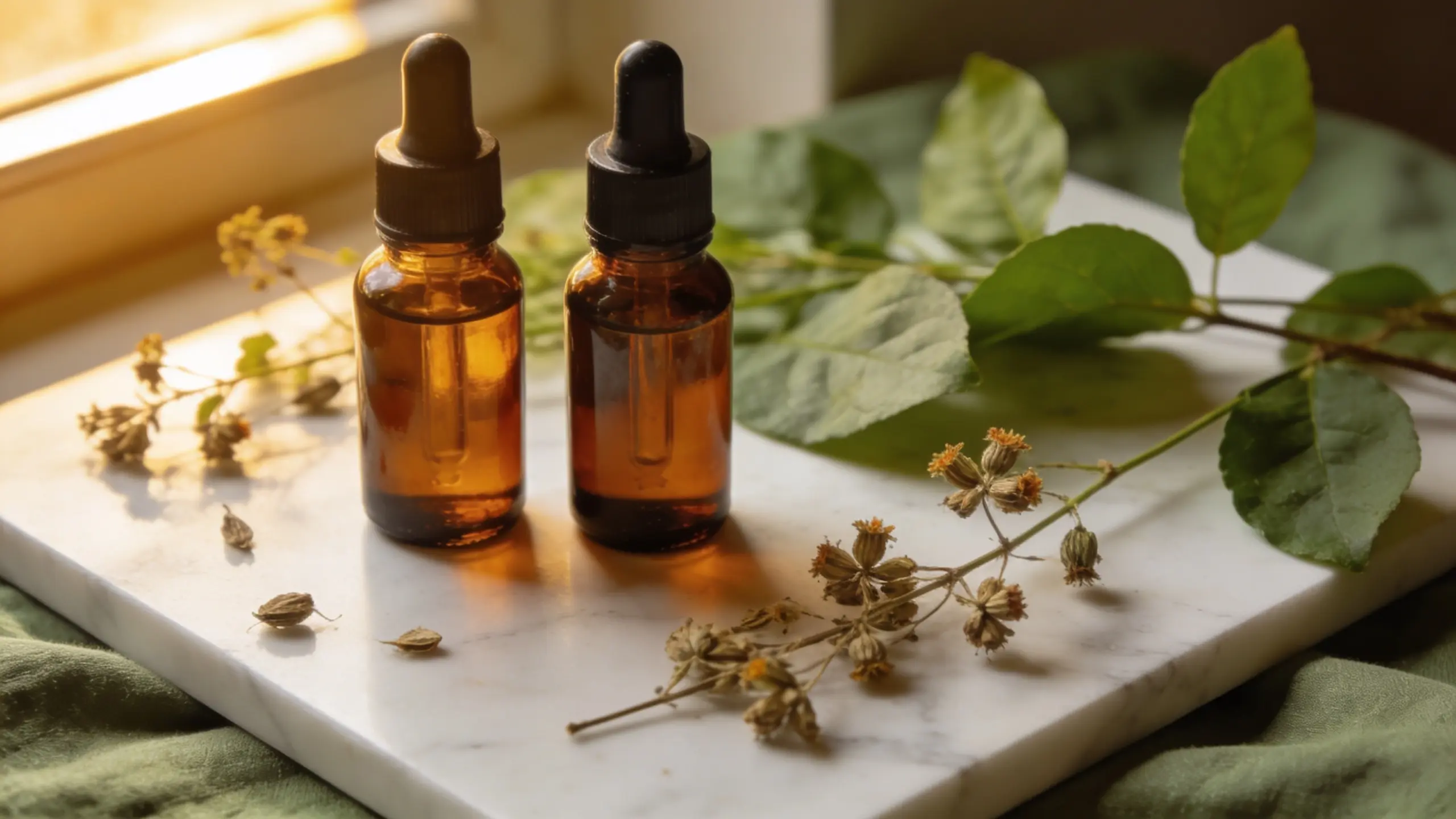 Twee amber glazen flesjes op marmeren ondergrond met botanische bladeren voor bakuchiol vs retinol vergelijking