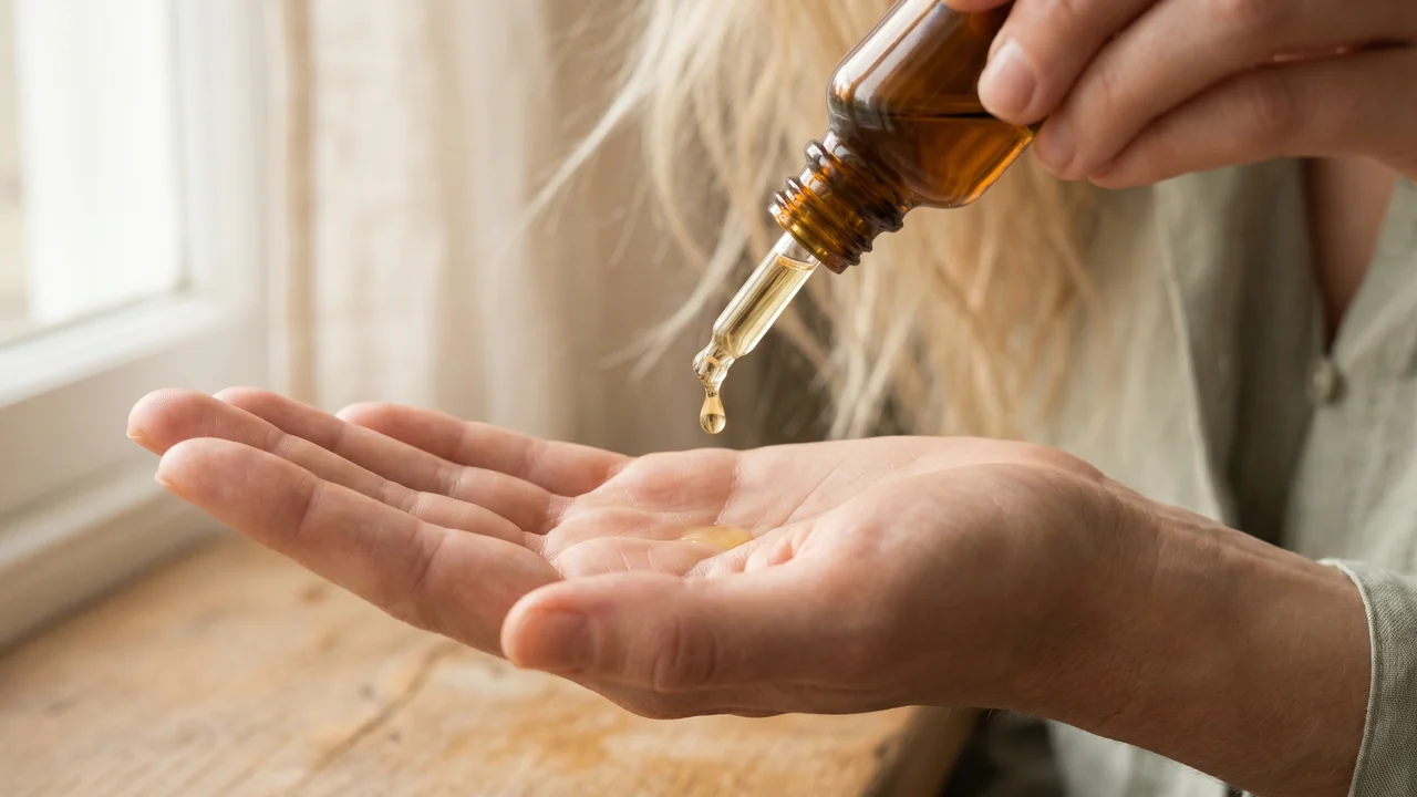 Eén druppel gouden kukui olie valt uit amber pipetflesje op open handpalm